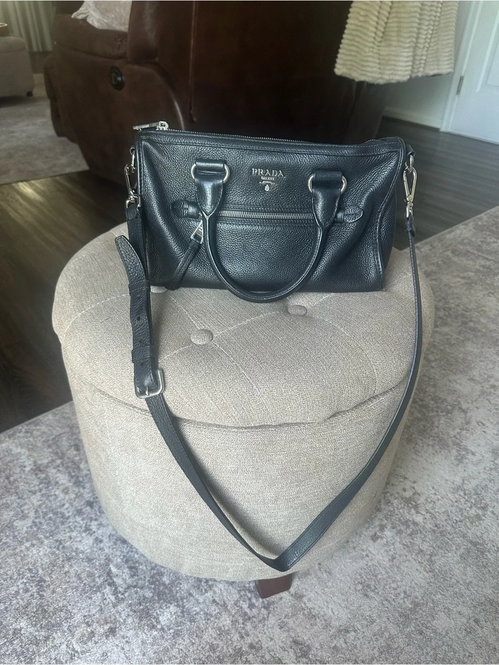 Prada Black Pebbled Leather Messenger Bag with Silver-Tone Hardware